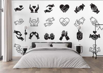 Collection of charity and donation icon set. Aids icons. Charity hands icon. Giving hand sign. Helping hand symbol. Vector stock illustration in flat style design resource for button and website. Wall mural