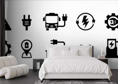 Electric car, bus, motorcycle vector icon set. Renewable electric power vehicle icons illustration. Contain icon such as car, location symbol, motor, charging station, maintenance and repair Wall mural