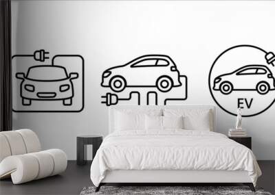 Electric car icon set. Electric car with charging power cord cable. Electric powered vehicle automobile sign. Vector stock symbol illustration. Flat and outline design style. Wall mural