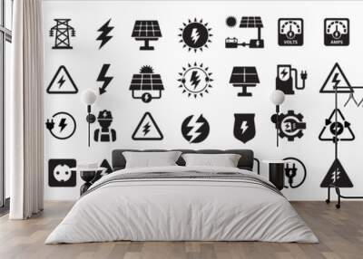 Electricity icon set. Solar panel electric generation icons. Green renewable electric power source vector icon. Contains icon of electric vehicle, sun, lightning bolt, charging station and motorcycle. Wall mural