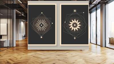 Abstract contemporary art with celestial geometry shapes. Esoteric mystical celestial stars sacred wall art. Wall decor painting. Minimalistic background design. Vector illustration. Wall mural