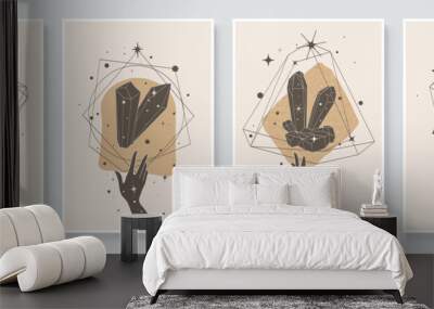 Abstract contemporary art with crystal and gem geometry shapes. Esoteric mystical celestial sacred wall art with woman hand. Wall decor painting. Minimalistic background design. Vector illustration. Wall mural