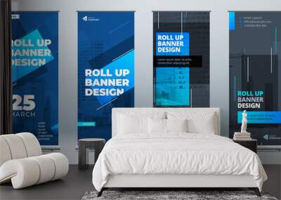 Blue Business Roll Up Banner. Abstract Roll up background for Presentation. Vertical roll up, x-stand, exhibition display, Retractable banner stand or flag design layout for conference, forum. Wall mural