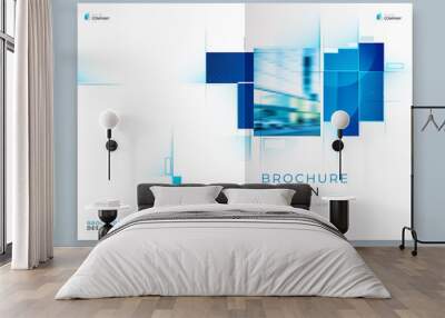 Blue Cover Template Layout Design. Corporate Business Horizontal Brochure, Annual Report, Catalog, Magazine, Flyer Cover Mockup. Creative Modern Bright Cover Concept with Square Shapes Wall mural