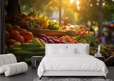 Shopping cart filled with a colorful array of fresh, organic fruit and vegetables in a local market, shop shelves overwhelmed with fresh tropical fruit and vegetables   Wall mural