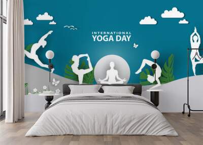 21 june-international yoga day,paper cut yoga body posture, human silhouette and sun rays, vector illustration - Vector Wall mural