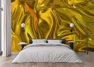 3D render beautiful folds of golden silk in full screen, like a beautiful clean fabric background like gold foil. Simple soft background with smooth folds like waves on a liquid surface. Wall mural