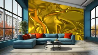 3D render beautiful folds of golden silk in full screen, like a beautiful clean fabric background like gold foil. Simple soft background with smooth folds like waves on a liquid surface. Wall mural