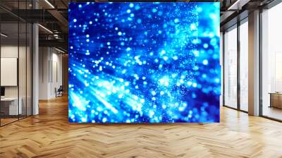 3d rendering of abstract blue background with glowing particles like micro world science fiction with depth of field and bokeh. Blue light rays like laser show for bright festive presentation Wall mural