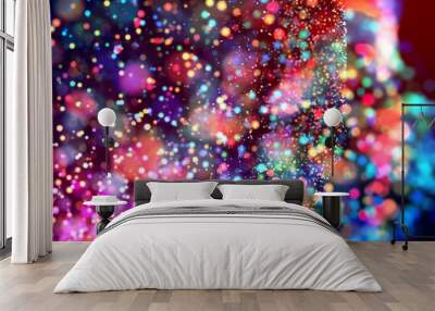 cloud of multicolored particles in the air like sparkles on a dark background with depth of field. beautiful bokeh light effects with colored particles. background for holiday presentations. 59 Wall mural