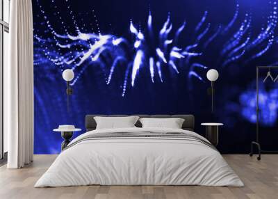 Glow particles are in air as science fiction of microcosm or macro world or sci-fi. 3d rendering of abstract blue composition with depth of field and glowing particles in dark with bokeh effects. 2 Wall mural