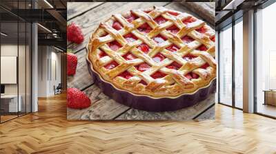 Baked strawberry pie cake sweet pastry on rustic wooden table background Wall mural