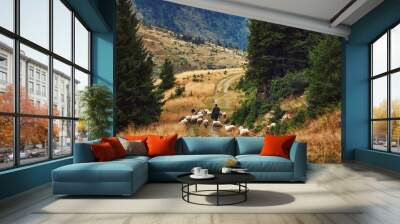 Shepherd and flock of sheep domestic agriculture animals. Beautiful rural scenery, forrest landscape. Livestock farming. Wall mural