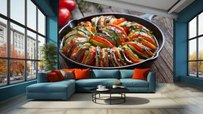 Traditional homemade vegetable ratatouille baked in cast iron frying pan healthy diet french vegetarian food on vintage wooden table background Wall mural