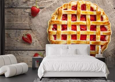 traditional strawberry pie tart cake sweet baked pastry food on rustic wooden table background Wall mural