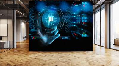 Artificial intelligence (AI) with machine deep learning and data mining and another modern computer technologies UI by hand touching CPU icon. Wall mural