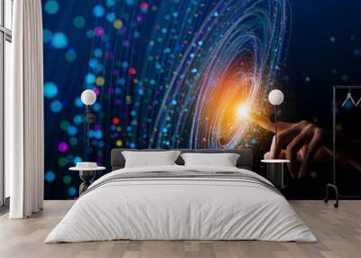 big data concept. digital neural network.business woman hand touching introduction of artificial int Wall mural