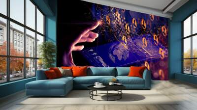 Business hand reaching global structure network and data exchanges customer connection with new virtual smart phone interface Wall mural