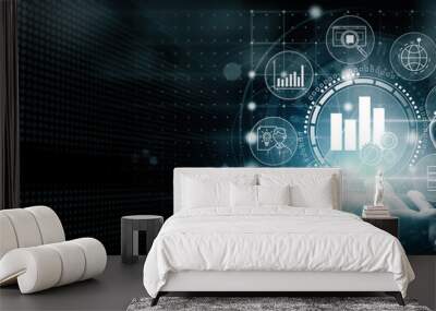 business hand worker holding business analytics big data analysis technology future concept on vr sc Wall mural