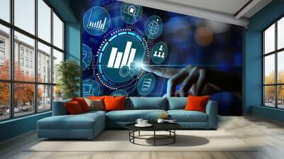 Business hand Worker touching Business analytics Big data analysis technology future concept on VR screen on blur background. Wall mural