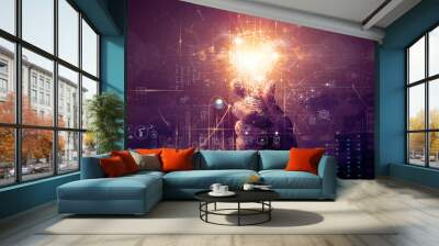 Businessman hand holding creative light bulb with industry network,analysis solution and development marketing network icons  planning strategy, Modern business, Innovative of new ideas. Wall mural