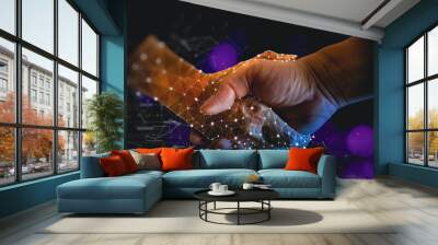 businessman hand shaking with robotic AI hand hologram to confirm with dealing for future business and technology innovation of business innovation concept. Wall mural