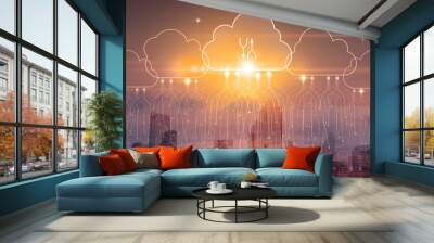 Cloud computing and download concept. Double exposure smart city.Abstract glowing clouds hologram on warm tone city background. Wall mural