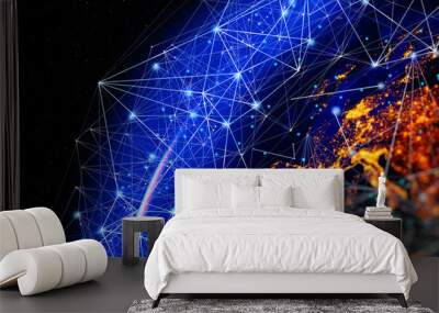 Communication technology for internet business. Global world network and telecommunication on earth cryptocurrency and blockchain and IoT. Elements of this image furnished by NASA Wall mural