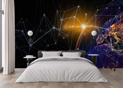 Communication technology for internet business. Global world network and telecommunication on earth cryptocurrency and blockchain and IoT. Elements of this image furnished by NASA Wall mural