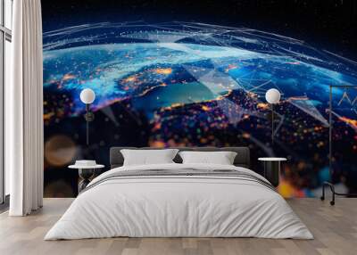 Communication technology for internet business. Global world network and telecommunication on earth cryptocurrency and blockchain and IoT. Elements of this image furnished by NASA Wall mural