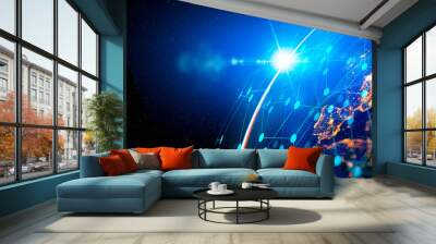 Communication technology for internet business. Global world network and telecommunication on earth cryptocurrency and blockchain and IoT. Elements of this image furnished by NASA Wall mural