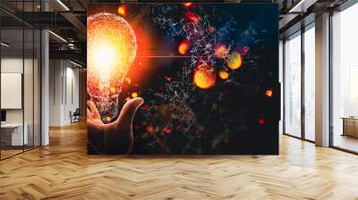 Creativity on connectivity.Innovative idea.Inspiration and network. Hand showing digital light bulbs as symbol of innovation on global network connection. Wall mural