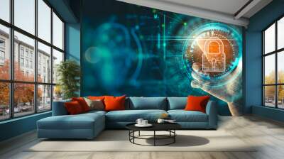 Cyber security and data protection. Businesswoman using modern screen computer protecting business and financial data with virtual network connection. Innovation technology develop smart solution. Wall mural