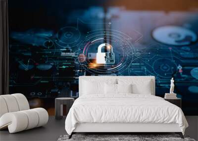 Cyber security.Digital padlock icon,Cyber security technology network and data protection technology on virtual dashboard.Online internet authorized access against cyber attack privacy business data Wall mural