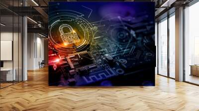 Cyber security.Digital padlock icon,Cyber security technology network data protection technology virtual dasboard.Online internet authorized access against cyber attack privacy business data concept. Wall mural