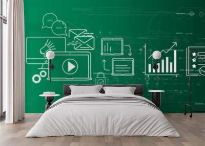 Digital marketing with person hand using a digital tablet computer on green background. Wall mural