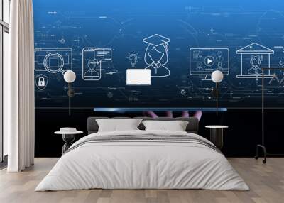 Distance learning concept with hand using a digital tablet computer on grey blue background. Wall mural