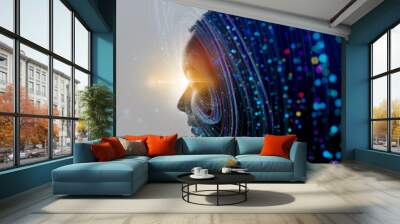 Double exposure of business woman and Big Data concept. Digital neural network.Introduction of artificial intelligence. Cyberspace of future.Science and innovation of technology. Wall mural