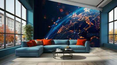 dynamic digital world map emphasize Western Europe continental for AI powered global network  connectivity big data transfer cyber technology network information exchange  telecommunication concept. Wall mural