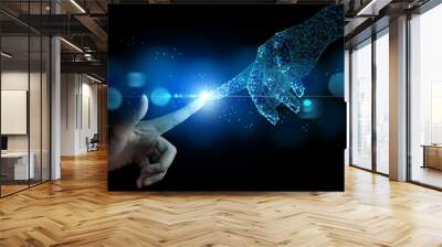 Hand of businesswoman touching hand artificial intelligence meaning technology connection go to future Wall mural