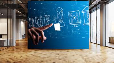 hand pushing a VR touch screen interface on blue background. Wall mural