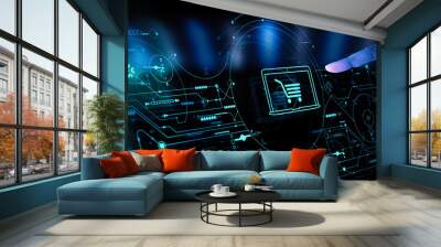 Hand pushing virtual symbol of online shopping with modern UI computer and smart phone. Wall mural