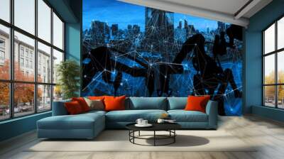 Silhouette of modern automation robot arms with Ai assistant technology network concept and metropolis city building background. Wall mural