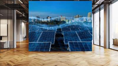 Smart green city concept.solar panels linkage to  the city need power. Green energy for the city. Wall mural