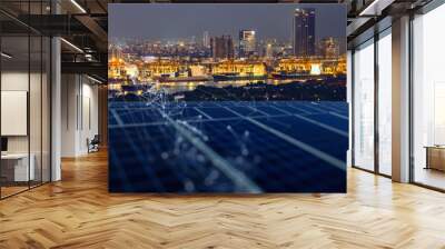 Smart Logistic port and renewable Energy Digitalization concept.solar panels linkage to  the city need power. Green energy for business. Wall mural