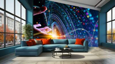 The metaverse universe, concept. Digital neural network.Business man hand touching Introduction of artificial intelligence. Cyberspace of future.Science and innovation of technology. Wall mural