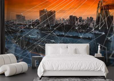 Wireless network and Connection technology concept covering on Abstract building city. Wall mural