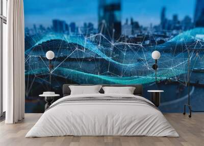 Wireless network and Connection technology concept covering on Abstract building city. Wall mural