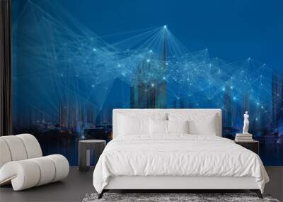 Wireless network and Connection technology concept with Abstract Bangkok city background Wall mural