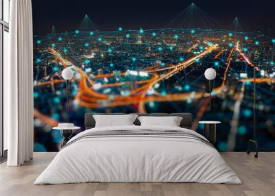 Wireless network and Connection technology concept with Abstract Bangkok city background Wall mural